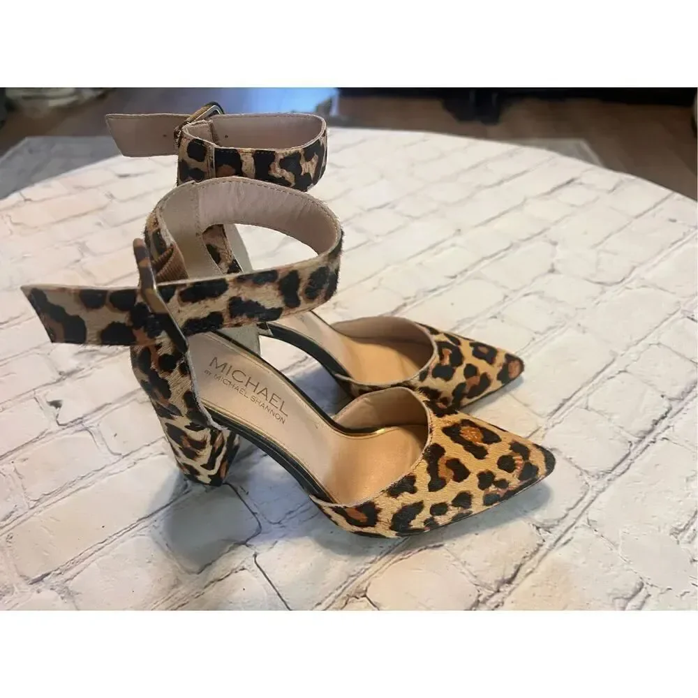 Michael Shannon Size 7.5 Romina Ankle Strap Chunky Heels Cheetah Print Cocktail